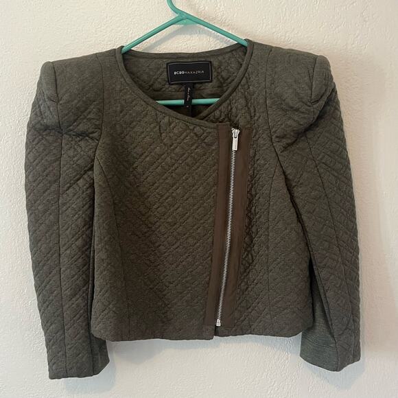 BCBG Maxazria Crop Green Moto Jacket Quilted Structured Shoulders Size Medium - Picture 6 of 11